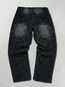 Manfinity LEGND Men's Hiphop Streetwear Starry Crochet Design Washed Black Straight Wide Leg Jeans - Black - View 2