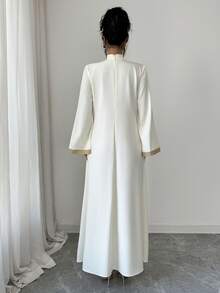 Elenzga Apricot Stand Collar Embroidered Lace Trim Slit Loose Lantern Sleeve Dress,Modest White And Gold Al-Adha Holiday Dinner Autumn Elegant Party Dress - Apricot - View 4