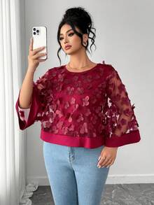 Elenzga Plus Size Women's Fashionable Delicate 3D Floral Sheer Poncho Top, Spring/Summer - Red Violet - View 7