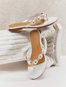 SHUZIA Giày sandal đế bằng thoải mái, thời trang nữ, đính đá quý - Phong cách Punk cá tính, sành điệu & - trắng - Xem 6