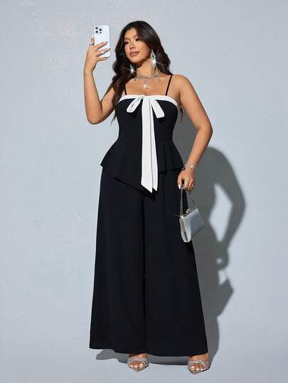 Viva Relle Plus Size Sexy Off-Shoulder Bowknot Color Block Jumpsuit