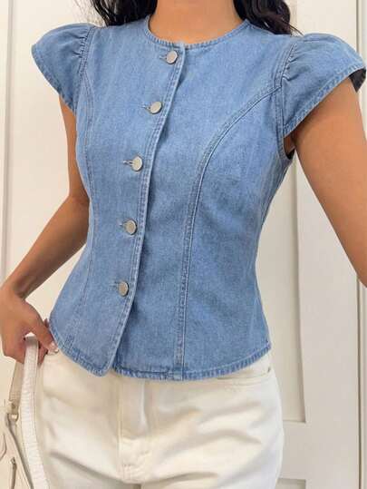 K-Vae Women's Casual Fitted Blue Denim Shirt With Round Collar