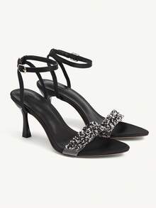 CUCCOO CHICEST Giày sandal cao gót mũi nhọn, giày sandal cao gót đính đá lấp lánh thời trang, giày cưới đa năng - màu đen - Xem 2