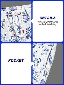 Manfinity Swimmode Men's Shell Print Drawstring Waist Casual Vacation Beach Shorts,White And Blue Summer Holiday 5 Inch Inseam Swim Trunks,Pool Party Slant Pocket - Blue and White - View 7