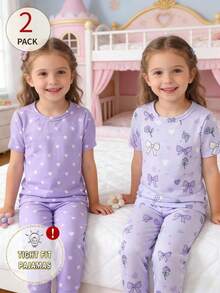 Young Girl' Purple Bow & Heart Print Short Sleeve Pajama Set - Mauve Purple - View 1