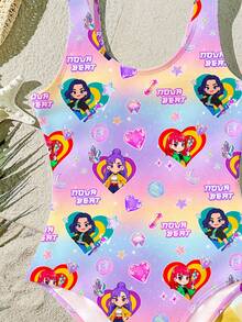 Tween Girls' Casual Vacation K-Pop Superstars Graphic One-Piece Swimsuit, Suitable For Summer - Multicolor - View 3
