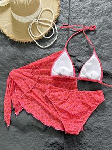 Swim Mod Set de costume de baie sexy cu halter și imprimeu floral fuchsia pentru femei, 3 piese, pentru vacanță la plajă, haine de vară Ytk, costume de baie Zestiva, ținută de vacanță Zante, ținută de plajă pentru femei, costume de baie de vară, la un preț fix, costume de baie pentru femei, costume de baie pentru vacanță de doamne - Roz fierbinte - Vizualizare 2