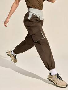SHEIN Sports Women's Contrast Color Elastic Waist Cargo Pocket Drawstring Outdoor Pants - Brown - View 6