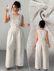 Mono elegante sin mangas para mujer con decoración de botones y cinturón, traje de tweed de alta calidad estilo mono de una pieza, casual para la oficina, citas, salidas - Gris Claro - Ver 9