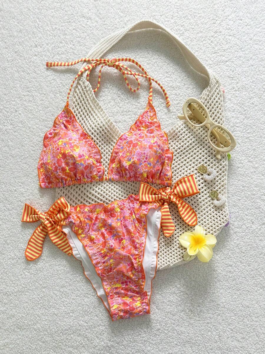 Swim Mod 女士印花露背系带荷叶边两件套泳衣，夏季海滩度假装 - 彩色 - 查看 1