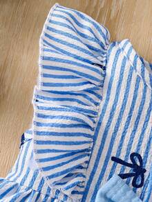 SHEIN Vintaside Kids Baby Girls' Simple Cute Striped Blue Bow Ruffle Hem Sleeveless Dress And Blue Hat, Suitable For Everyday Wear, Spring/Summer - Blue - View 5