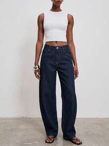 ATUI Studio Women Barrel Leg Jeans With Metal Studded Pocket, Back V-Shape Yoke, Modern Commuting , Spring Summer Denim, Minimalism Essential, Day-To-Day Bottom Item - Blue - View 3