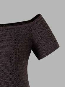 少女春夏度假休闲优雅不对称露肩上衣和修身喇叭裤针织纹理T恤套装 - 棕色 - 查看 5