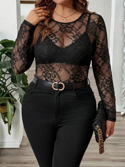 Comfylo Plus Size Women's Sexy Sheer Lace Valentine Outfits For Women Long Sleeve Fitted Blouse, Spring/Summer/Autumn Black Lace Long Sleeve Top Black Lace Top Black See Through Top Black Mesh Top Valentine's Day Lace Mesh Top Black Lace Bodysuit Plus Size Black Lace Top Sheer Black Lace Top Plus Size Sheer Top Black Sheer Lace Top Black Long Sleeve Top Plus Size Black Tops