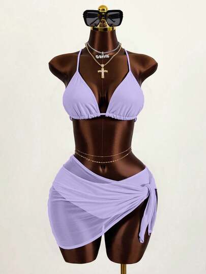 Zestiva 3pcs Set Solid Color Halter Strap Triangle Bikini Swimsuit, Summer