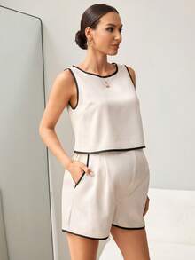 MaterniWear 2pcs Maternity Contrast Trim Round Neck Tank Top And Pocket Shorts Set,Elegant Black And White Summer Pregnant Photo Shoot,Old Money Office Outfit - Apricot - View 5