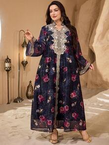 Al Najma Random Floral Applique Decorative Trim Ribbon, Luxurious Elegant Traditional Loose Long Sleeve Plus Size Women Turkish Abaya Robe - Black - View 3