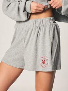 Missguided x Playboy Ribbed Henley Top And Shorts Lounge Set With Button Front Detail And Logo Print - Light Grey - View 6