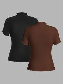 SHEIN Essnce 2PCS Women T-Shirts Mock Neck Tops Cotton Tops Ribbed Tops Short Sleeve Tops Fitted Tops Ribbed Tops For Women Women Casual Outfits Polo Neck Top Women S Short Sleeve Tops Polo Neck Tops - Brown - View 3