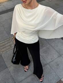 Siren Gaze Women Chiffon Cape Sleeve Draped Cowl Neck Backless Ruched Waist Top, Shawl Collar Blouse, Elegant Shirt, White Draped Off Shoulder Blouse With Sheer Overlay Short Sleeves, Draped Top, Batwing Sleeve Top , White Tulle Blouse, Wedding, Summer - Apricot - View 7