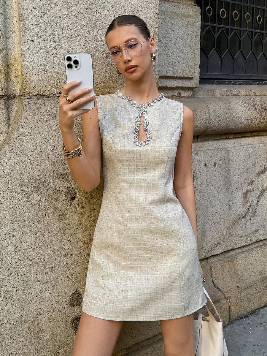 Siren Gaze Women's Round Neck Sleeveless Hollow Out Rhinestone Mini Dress,Beige Summer Classy Elegant Brunch White Chic Cocktail Party Luxury Embellished Outfit - Apricot - View 1