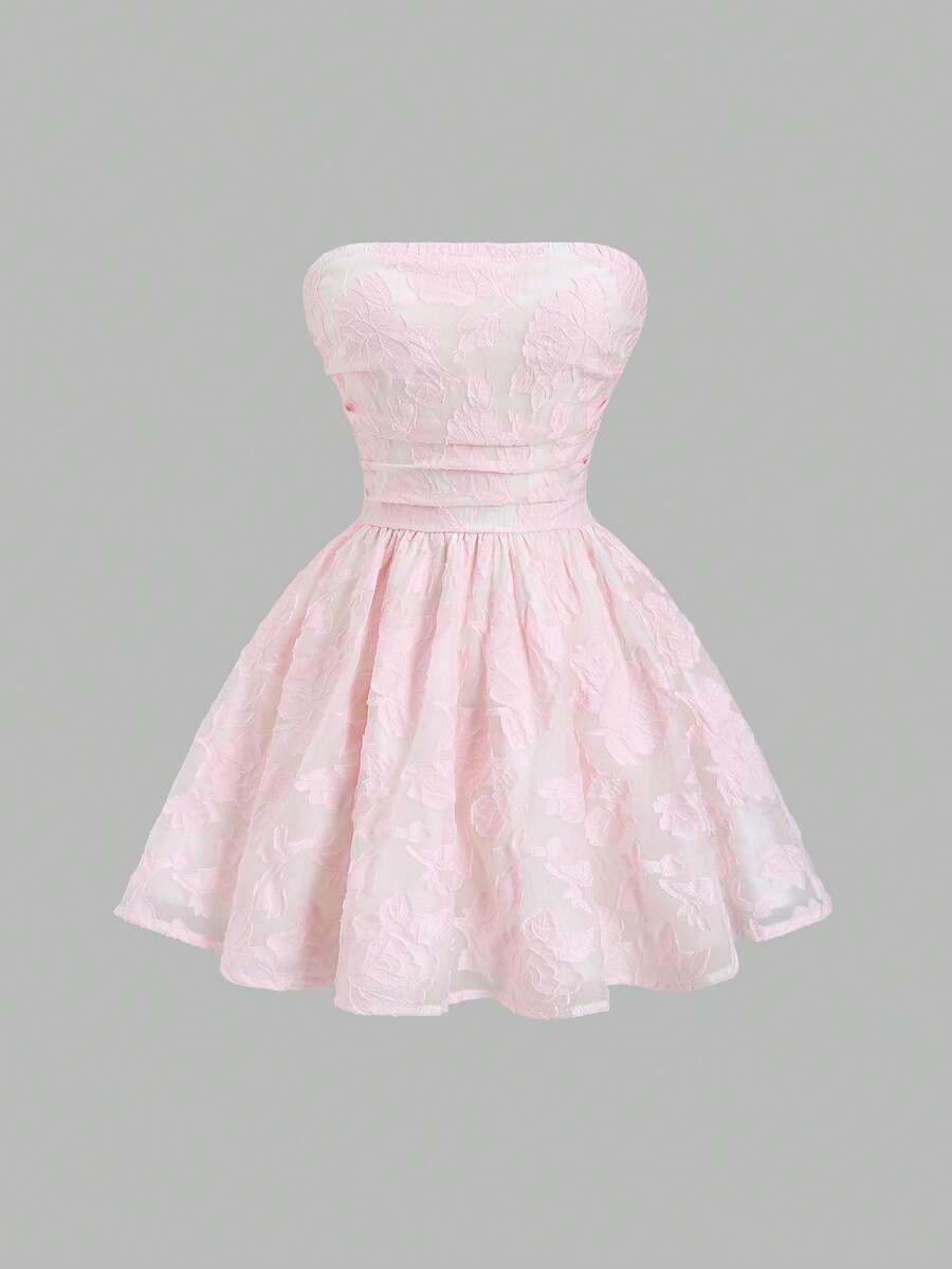 Sweetra 春夏新款设计感十足的高街优雅复古性感修身提花面料度假百搭舒适休闲粉色连衣裙 - 粉色 - 查看 1