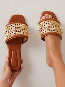 SHUZIA Women Braided Comfort Chic Everyday Beach Vacation PU Raffia Flat Sandals - Maroon - View 3