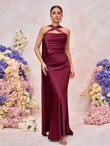 SHEIN Belle 优雅浪漫绿色编织哑光缎带装饰露肩无肩带修身美人鱼伴娘礼服 - 紫紅色 - 查看 6