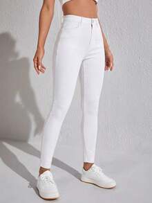 SHEIN SXY Quần jeans nữ dáng ôm, cạp cao, túi xéo, màu trơn. - trắng - Xem 5