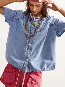 Bohemela Women's Single-Breasted Frayed Casual Versatile Daily Wear Denim Short Sleeve Top - Light Wash - View 4