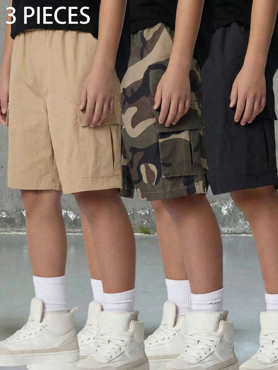 SHEIN 3件套儿童/青少年男童休闲宽松迷彩印花短裤套装，买一送二，包含黑色短裤、卡其色短裤、迷彩短裤和工装裤，Y2K风格，适合春夏、外出、情人节、约会、旅行、度假、家庭聚会、返校、婚礼、晚宴、运动、生日派对等场合。