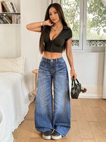 Rivivi 女士带口袋纽扣休闲百搭日常穿着阔腿牛仔裤 - 藍色 - 查看 6