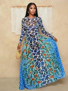 BamGleam Floral Contrast Mesh Puff Sleeve Elegant Romantic Vacation Dress - Blue - View 1