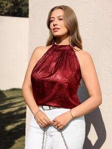 EMERY ROSE Áo tank top nữ kiểu yếm bóng bẩy mới, áo cổ yếm kiểu Âu Mỹ, màu đỏ rượu vang, màu đỏ tía, màu đỏ đậm, áo đỏ thường ngày. - Màu Đỏ Sâu - Xem 4