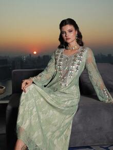 SHEIN Najma Luxurious Embroidered Beaded Loose Fit Party Maxi Dress, Turkish & Arabic Traditional Style - Green - View 5