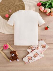 SHEIN 2件套 女童可爱动物图案针织圆领T恤和打底裤睡衣套装 - 彩色 - 查看 2