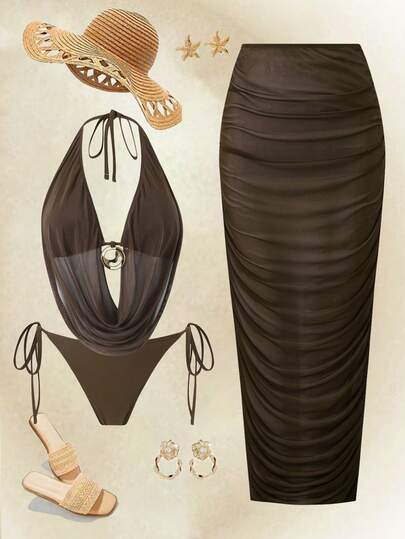 Swim Oasis 2026春夏新款三件套女士纯色连帽泳衣，包括泳裤和网纱长裙，适合海滩度假休闲穿着。