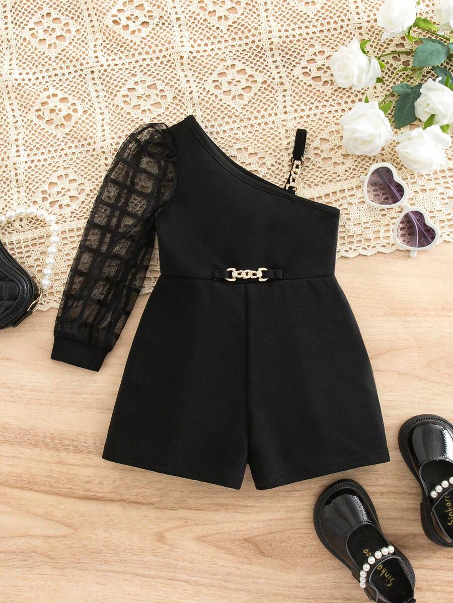 SHEIN Babygirl Cute Street Style Black Plaid Mesh Patchwork Romper - Black - View 1