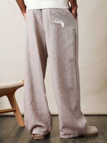 SUMWON 男士宽松版型利落腰身亚麻质感阔腿休闲裤夏季透气宽松长裤春季度假沙滩裤 - 杏色 - 查看 2