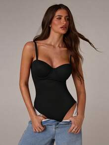 SHEIN BAE 女士時尚優雅杯型黑色連體衣 - 黑色 - 查看 8