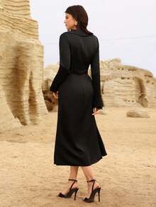 Modelyn Women's Black Woven Lace Trim Long Sleeve Pleated Waist A-Line Elegant Dress, Spring/Summer Elegant Dresses For Women Casual Dresses For Women Casual Outfit For Women Party Dress Party Dresses For  Wedding Party Dress Wedding Guest Party Dress Graduation Dress For Women Spring Outfit Women Spring Dress Women Spring Clothes Women - Black - View 2