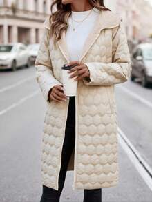 SHEIN Clasi Abrigo acolchado largo para mujer, diseño clásico y versátil con capucha, para invierno - Albaricoque - Ver 6