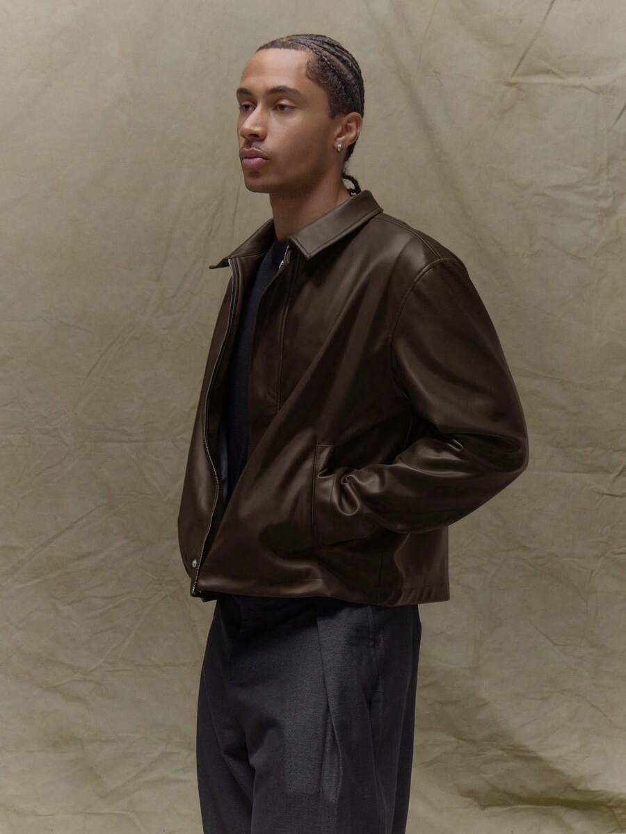 Musero 宽松修身长袖短款皮革夹克，隐形门襟设计，适合秋季和冬季穿着。 - 巧克力棕 - 查看 1
