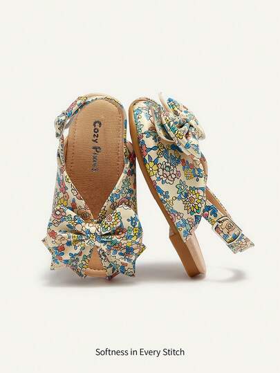 Cozy Pixies A Pair Of Fashionable Versatile Casual Fun Flowers Cute Bow Princess Style Pastoral Party Girls Baby Flat Sandals Suitable For Summer