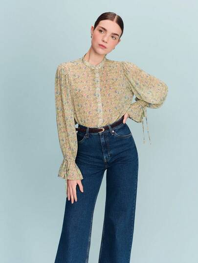 lacRébo Green Floral Print Boho Blouse With Balloon Sleeves And Tie Cuff Detail Spring Summer Business Casual