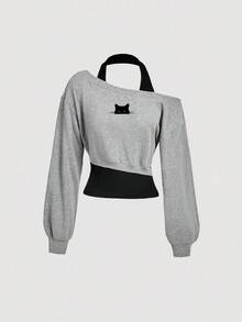 SHEIN MOD 可爱小黑猫印花女式休闲复古撞色不对称肩部卫衣 – 适合春、秋、冬穿着，兼具西部风情和居家舒适感，适合春、秋、冬穿着，复古Y2K风格，适合上学、夏季骑行和瑜伽等运动场合。 - 彩色 - 查看 7