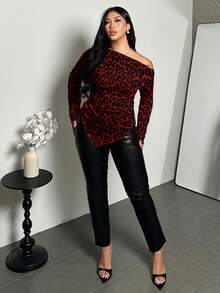 Firerie Áo thun nữ cỡ lớn in họa tiết da báo đỏ, vạt áo bất đối xứng, tay dài, ôm dáng, thời trang/mùa đông - Nhiều màu - Xem 4