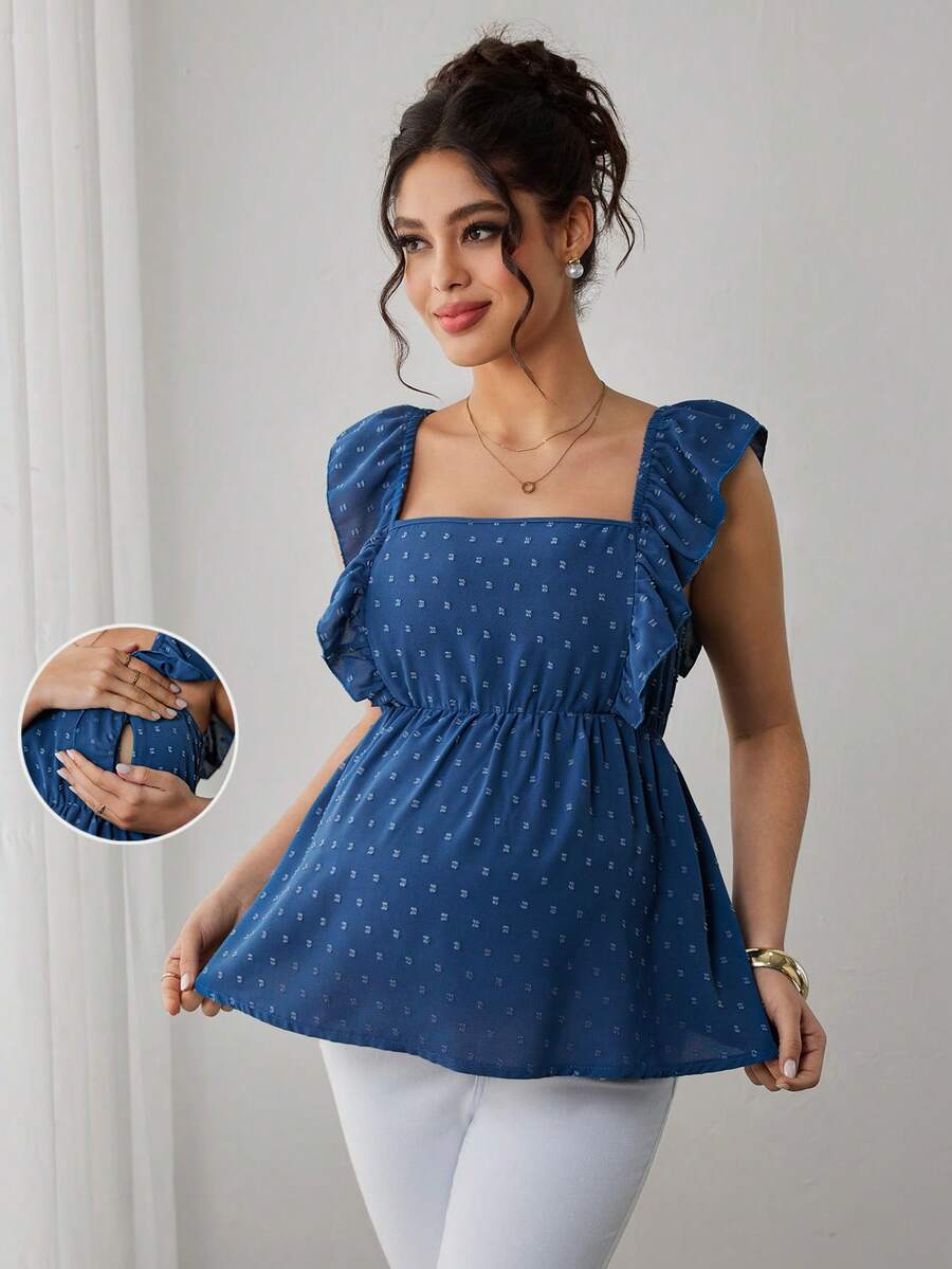 Momance Nursing Top With Flutter Sleeves, Square Neckline, Hidden Zippers On Front, A-Line Hem, Bow Tie Back, Cutout Design - Blue - View 1