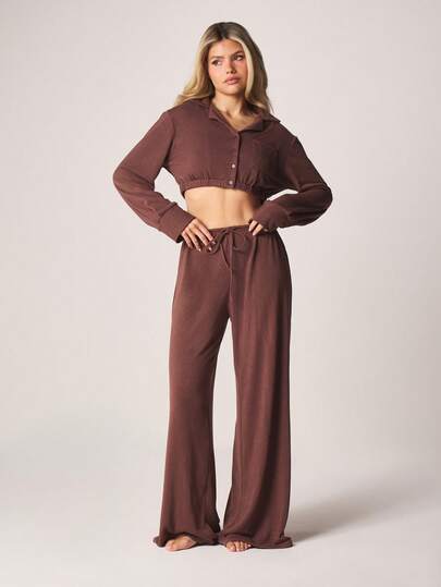 MISSGUIDED Long Sleeve Button Front Crop Shirt With Wide Leg Palazzo Pants Coordinated Set