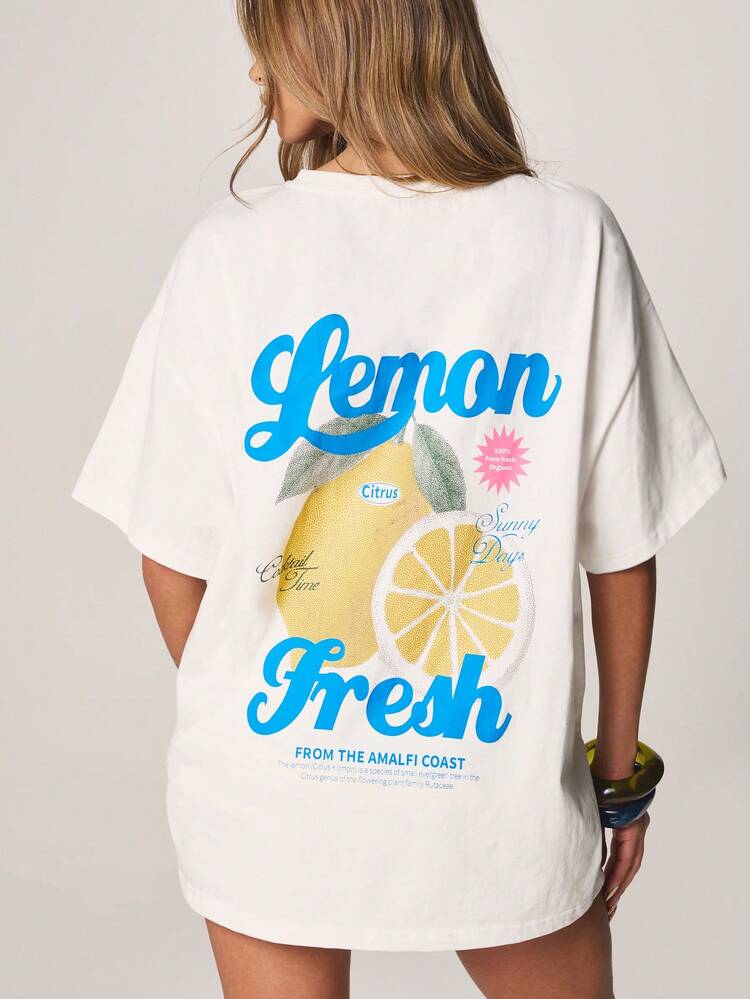 MISSGUIDED Oversized Lemon Fresh Citrus Back Print Short Sleeve Crew Neck T-Shirt Summer Casual Graphic Tee